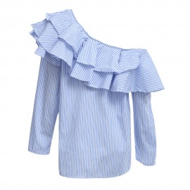 TRENDY LONG SLEEVE ONE SHOULDER RUFFLES STRIPE WOMEN T-SHIRT (BLUE AND WHITE, SIZE S/M/L)