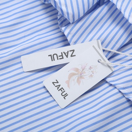 TRENDY LONG SLEEVE ONE SHOULDER RUFFLES STRIPE WOMEN T-SHIRT (BLUE AND WHITE, SIZE S/M/L)