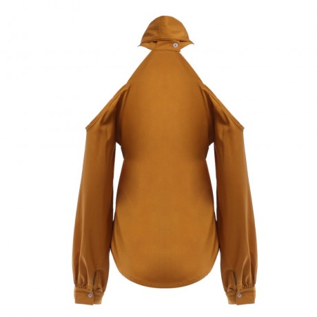 FASHIONABLE LONG SLEEVE STAND COLLAR BOWTIE WOMEN SHIRT (YELLOW, SIZE S/M/L/XL)