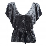 WOMEN'S SHORT SLEEVE PLUNGING NECK FLOUNCING VELVET TOP (GRAY, SIZE M/L)