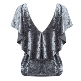 WOMEN'S SHORT SLEEVE PLUNGING NECK FLOUNCING VELVET TOP (GRAY, SIZE M/L)