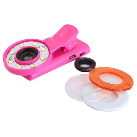 UNIVERSAL SELFIE WIDE ANGLE LENS WITH 8 LED FILL LIGHT FLASH LAMP (PINK)