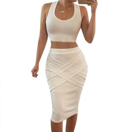 SEXY U-NECK SLEEVELESS TANK TOP   SOLID COLOR BANDAGE SKIRT (WHITE, S/M/L)