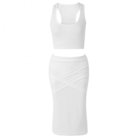 SEXY U-NECK SLEEVELESS TANK TOP   SOLID COLOR BANDAGE SKIRT (WHITE, S/M/L)