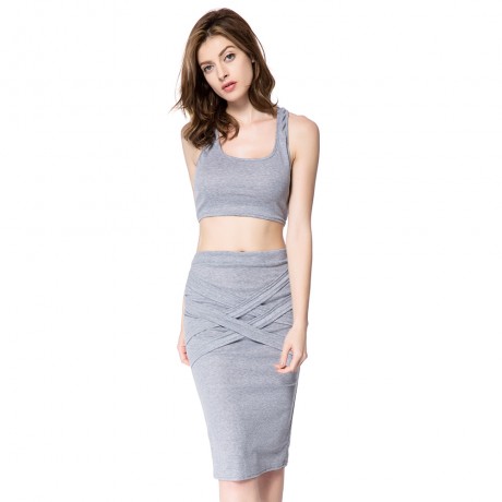 SEXY U-NECK SLEEVELESS TANK TOP   SOLID COLOR BANDAGE SKIRT (GRAY, SIZE S/L)