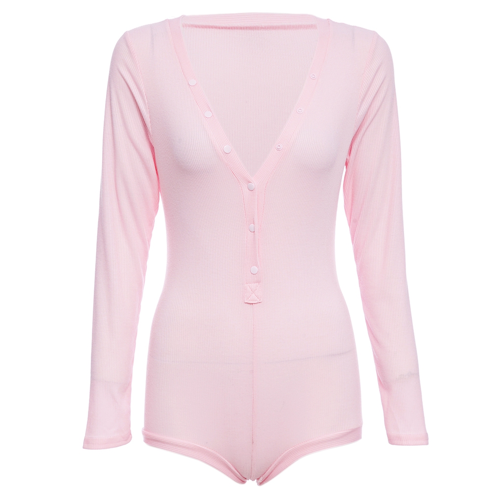 SEXY PLUNGING NECK LONG SLEEVE SKINNY LADIES ROMPER (PINK, SIZE S/M/L/XL)