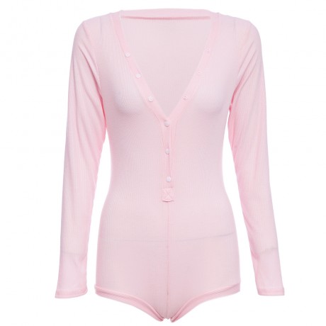 SEXY PLUNGING NECK LONG SLEEVE SKINNY LADIES ROMPER (PINK, SIZE S/M/L/XL)