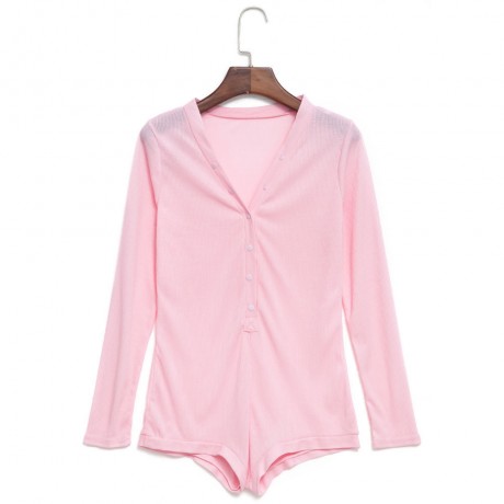 SEXY PLUNGING NECK LONG SLEEVE SKINNY LADIES ROMPER (PINK, SIZE S/M/L/XL)