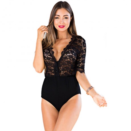 WOMEN'S HALF SLEEVE LACE SPLICED BUTTON ROMPER (BLACK, SIZE S/M/L)