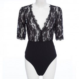 WOMEN'S HALF SLEEVE LACE SPLICED BUTTON ROMPER (BLACK, SIZE S/M/L)