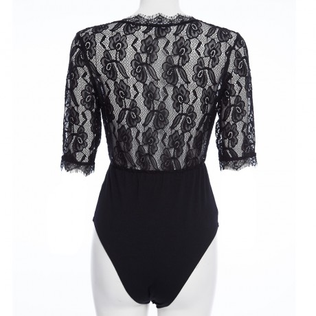 WOMEN'S HALF SLEEVE LACE SPLICED BUTTON ROMPER (BLACK, SIZE S/M/L)
