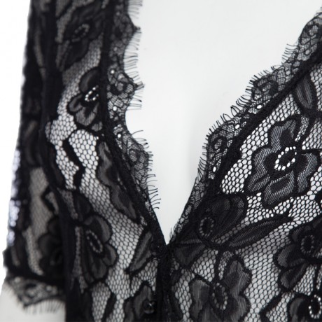 WOMEN'S HALF SLEEVE LACE SPLICED BUTTON ROMPER (BLACK, SIZE S/M/L)
