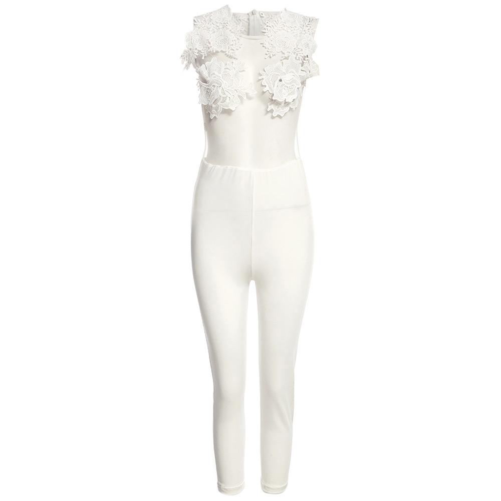 WOMEN'S SEXY SLEEVELESS PERSPECTIVE APPLIQUE LACE JUMPSUIT (WHITE, SIZE S/M/L/XL)