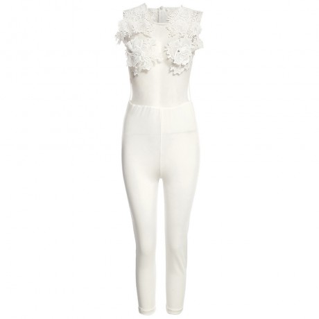 WOMEN'S SEXY SLEEVELESS PERSPECTIVE APPLIQUE LACE JUMPSUIT (WHITE, SIZE S/M/L/XL)