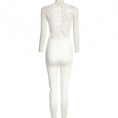 WOMEN'S SEXY SLEEVELESS PERSPECTIVE APPLIQUE LACE JUMPSUIT (WHITE, SIZE S/M/L/XL)