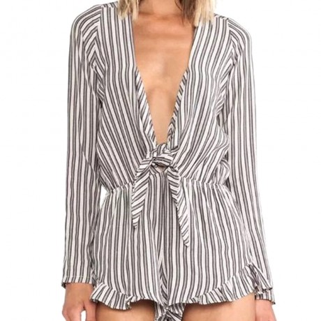 SEXY LONG SLEEVE STRIPED BOWKNOT ROMPER (WHITE AND BLACK, S/M/L)