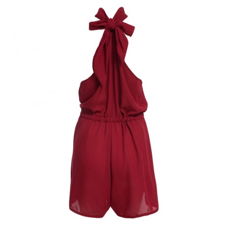 WOMEN'S CASUAL HALTER OFF-THE-SHOULDER LACE-UP DRAWSTRING ROMPER (WINE RED, SIZE S/M/L/XL)