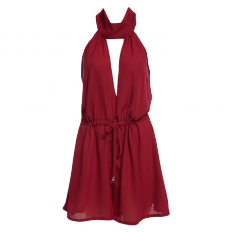 WOMEN'S CASUAL HALTER OFF-THE-SHOULDER LACE-UP DRAWSTRING ROMPER (WINE RED, SIZE S/M/L/XL)
