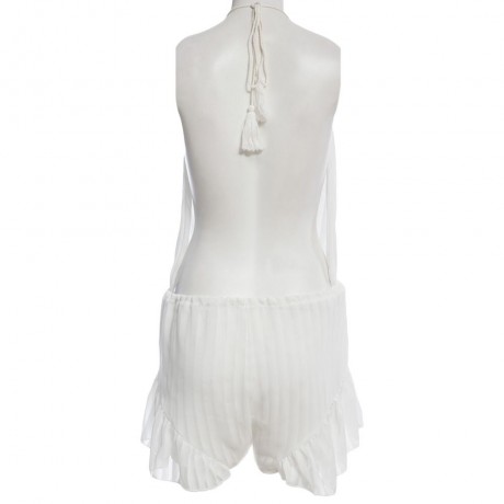 SEXY PLUNGING NECK HALTER LACE-UP BACKLESS DRAWSTRING LACEWORK SOLID COLOR ROMPER FOR WOME