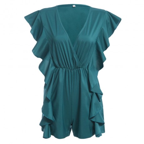 WOMEN'S V-NECK FLOUNCED ROMPER (GREEN, SIZE S/M/L/XL)