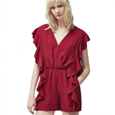 WOMEN'S V-NECK FLOUNCED ROMPER (WINE RED, SIZE S/M/L/XL)