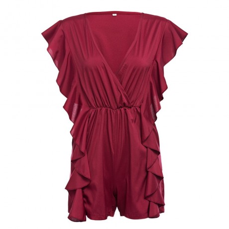 WOMEN'S V-NECK FLOUNCED ROMPER (WINE RED, SIZE S/M/L/XL)