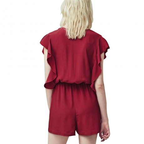 WOMEN'S V-NECK FLOUNCED ROMPER (WINE RED, SIZE S/M/L/XL)