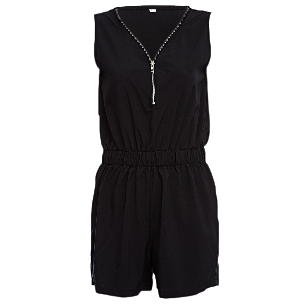 WOMEN'S CASUAL V-NECK SLEEVELESS ELASTIC WAIST ROMPER (BLACK, SIZE S/M/L/XL)