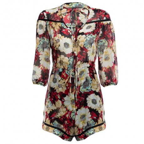 WOMEN'S THREE QUARTER SLEEVE LACE-UP FLORAL PRINT LOOSE ROMPER (SIZE S/M/L/XL)