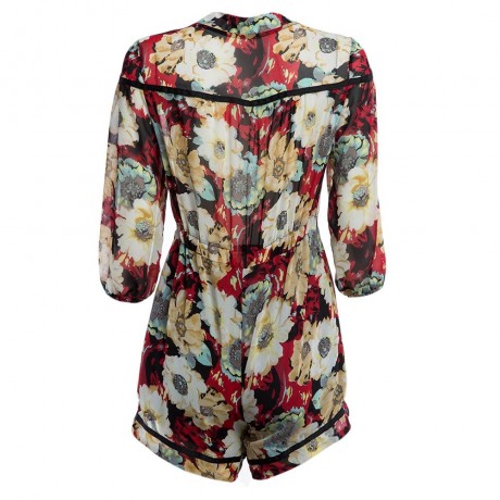 WOMEN'S THREE QUARTER SLEEVE LACE-UP FLORAL PRINT LOOSE ROMPER (SIZE S/M/L/XL)