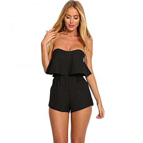 WOMEN'S SEXY STRAPLESS FLOUNCE HIGH WAIST LOOSE ROMPER (BLACK, SIZE S/M/L/XL)