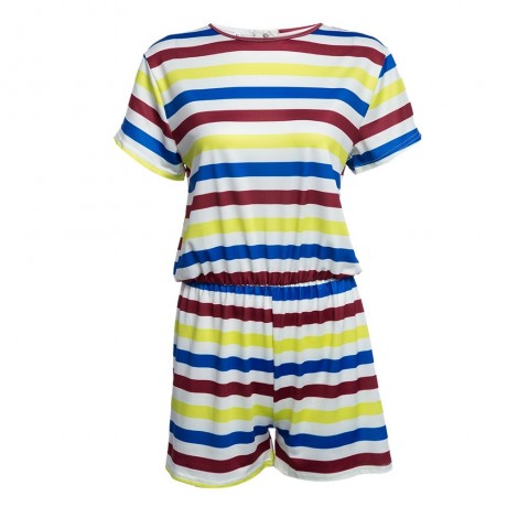 WOMEN'S SHORT SLEEVE BACK ZIPPER ELASTIC WAIST STRAIGHT STRIPE PRINT ROMPER (COLORMIX, SIZ