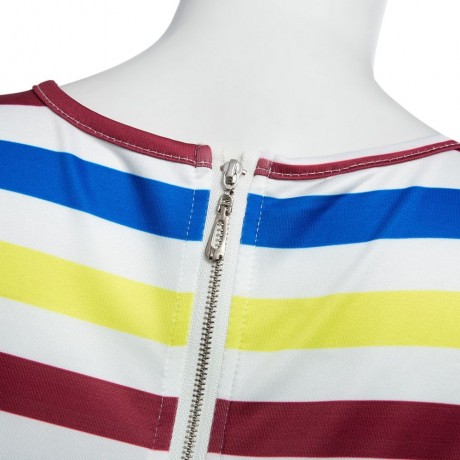 WOMEN'S SHORT SLEEVE BACK ZIPPER ELASTIC WAIST STRAIGHT STRIPE PRINT ROMPER (COLORMIX, SIZ