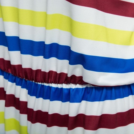 WOMEN'S SHORT SLEEVE BACK ZIPPER ELASTIC WAIST STRAIGHT STRIPE PRINT ROMPER (COLORMIX, SIZ