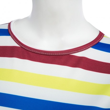 WOMEN'S SHORT SLEEVE BACK ZIPPER ELASTIC WAIST STRAIGHT STRIPE PRINT ROMPER (COLORMIX, SIZ