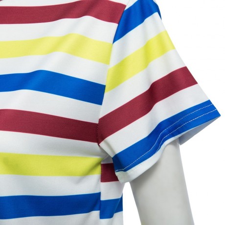 WOMEN'S SHORT SLEEVE BACK ZIPPER ELASTIC WAIST STRAIGHT STRIPE PRINT ROMPER (COLORMIX, SIZ