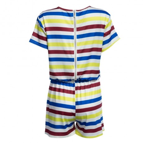 WOMEN'S SHORT SLEEVE BACK ZIPPER ELASTIC WAIST STRAIGHT STRIPE PRINT ROMPER (COLORMIX, SIZ