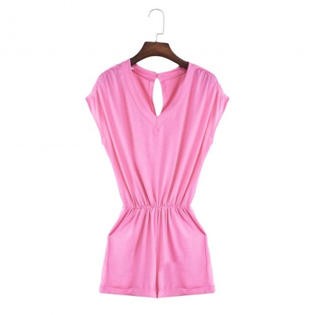 CASUAL V-NECK SLEEVELESS BUTTON ELASTIC WAIST POCKET ROMPER FOR WOMEN (PINK, SIZE S/M/L/XL