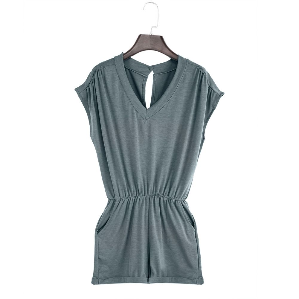 WOMEN'S V-NECK SLEEVELESS BUTTON ELASTIC WAIST POCKET ROMPER (GRAY, SIZE S/L/XL/2XL)