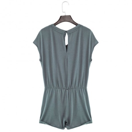WOMEN'S V-NECK SLEEVELESS BUTTON ELASTIC WAIST POCKET ROMPER (GRAY, SIZE S/L/XL/2XL)
