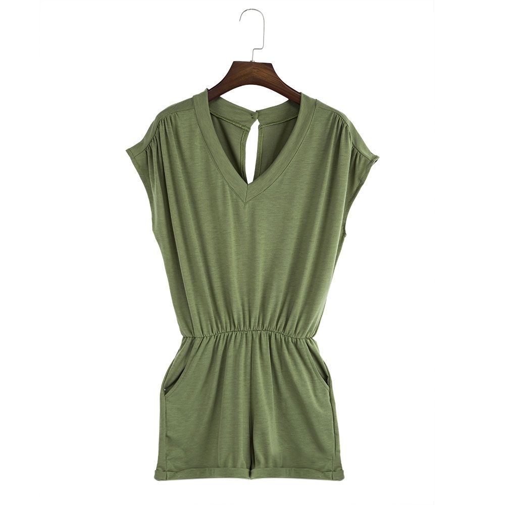 WOMEN'S V-NECK SLEEVELESS BUTTON ELASTIC WAIST POCKET ROMPER (GREEN, SIZE S/M/L/XL/2XL)