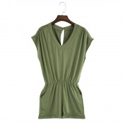 WOMEN'S V-NECK SLEEVELESS BUTTON ELASTIC WAIST POCKET ROMPER (GREEN, SIZE S/M/L/XL/2XL)