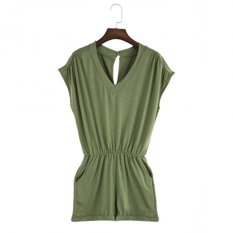WOMEN'S V-NECK SLEEVELESS BUTTON ELASTIC WAIST POCKET ROMPER (GREEN, SIZE S/M/L/XL/2XL)