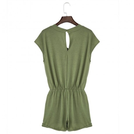 WOMEN'S V-NECK SLEEVELESS BUTTON ELASTIC WAIST POCKET ROMPER (GREEN, SIZE S/M/L/XL/2XL)