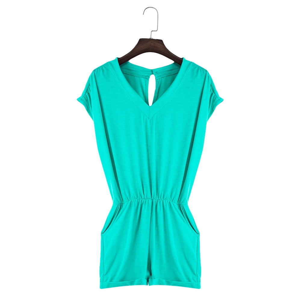 WOMEN'S V-NECK SLEEVELESS BUTTON ELASTIC WAIST POCKET ROMPER (LAKE BLUE, SIZE S/M/L/XL/2XL WOMEN'S V-NECK SLEEVELESS BUTTON ELASTIC WAIST POCKET ROMPER (LAKE BLUE, SIZE S/M/L/XL/2XL