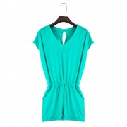 WOMEN'S V-NECK SLEEVELESS BUTTON ELASTIC WAIST POCKET ROMPER (LAKE BLUE, SIZE S/M/L/XL/2XL