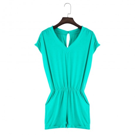 WOMEN'S V-NECK SLEEVELESS BUTTON ELASTIC WAIST POCKET ROMPER (LAKE BLUE, SIZE S/M/L/XL/2XL