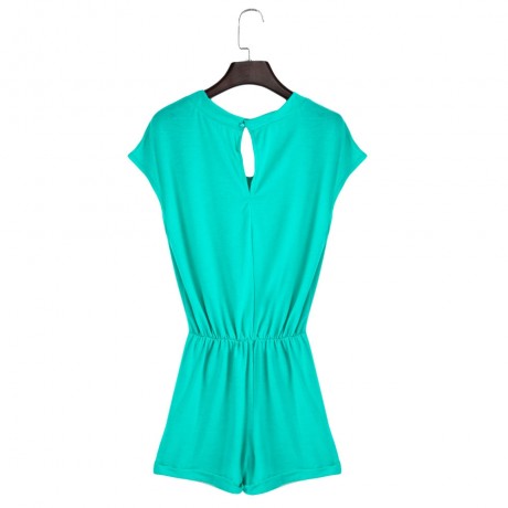 WOMEN'S V-NECK SLEEVELESS BUTTON ELASTIC WAIST POCKET ROMPER (LAKE BLUE, SIZE S/M/L/XL/2XL