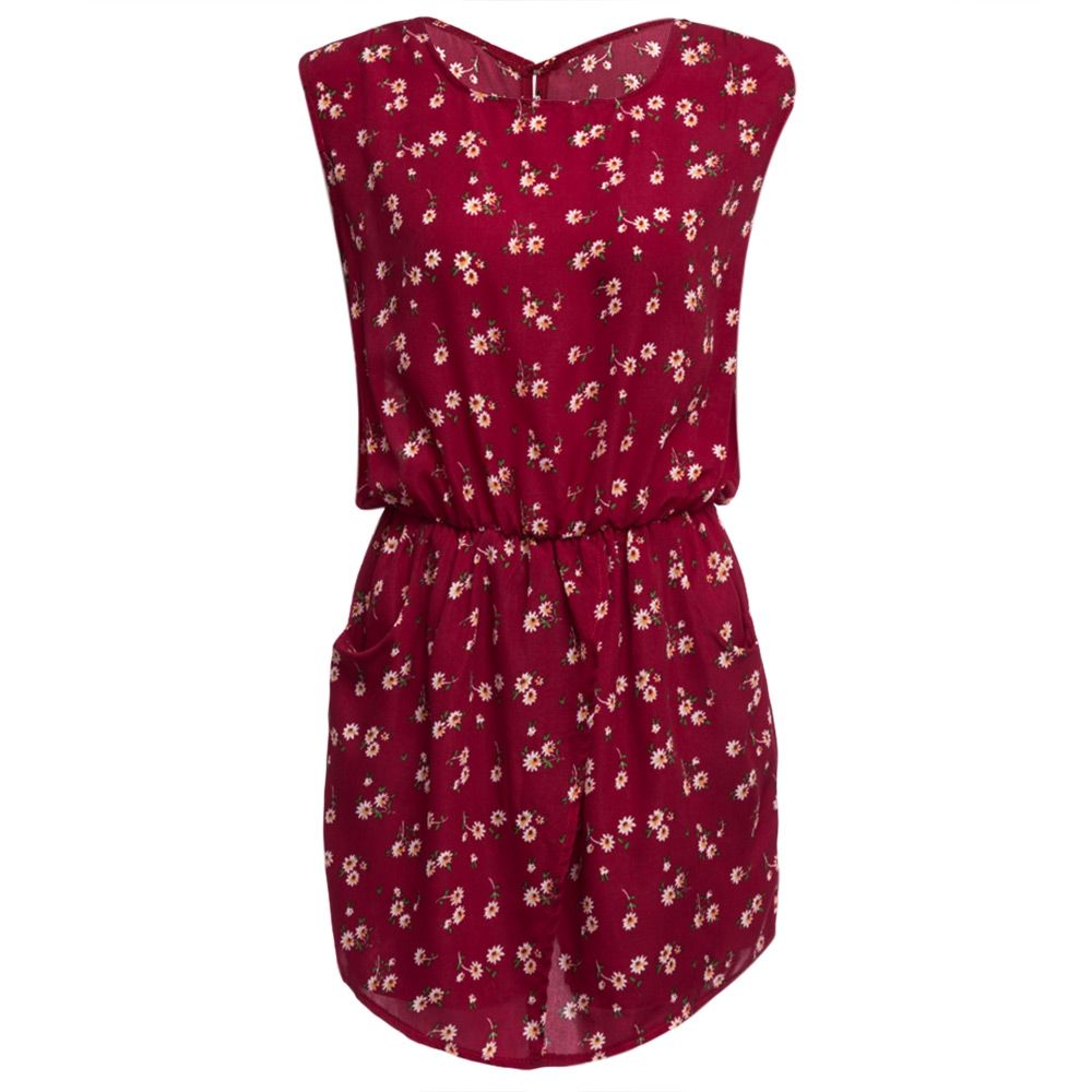 WOMEN SLEEVELESS HOLLOW OUT ELASTIC WAIST POCKET FLORAL PRINT ROMPER (WINE RED, SIZE S/M/L WOMEN SLEEVELESS HOLLOW OUT ELASTIC WAIST POCKET FLORAL PRINT ROMPER (WINE RED, SIZE S/M/L