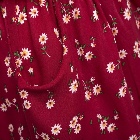 WOMEN SLEEVELESS HOLLOW OUT ELASTIC WAIST POCKET FLORAL PRINT ROMPER (WINE RED, SIZE S/M/L